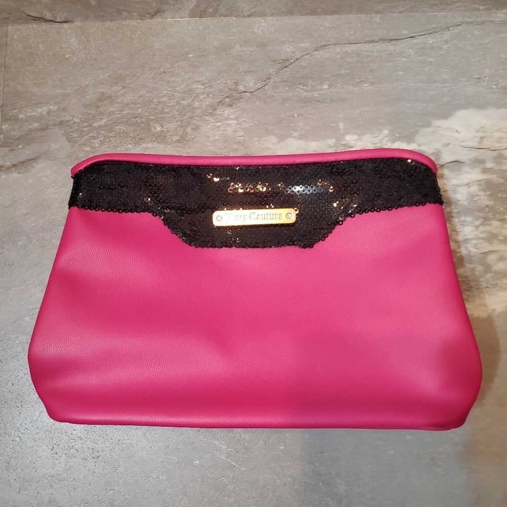 NWOT Juicy Couture small zip makeup/cosmetic bag. Hot pink, black. Sequin.